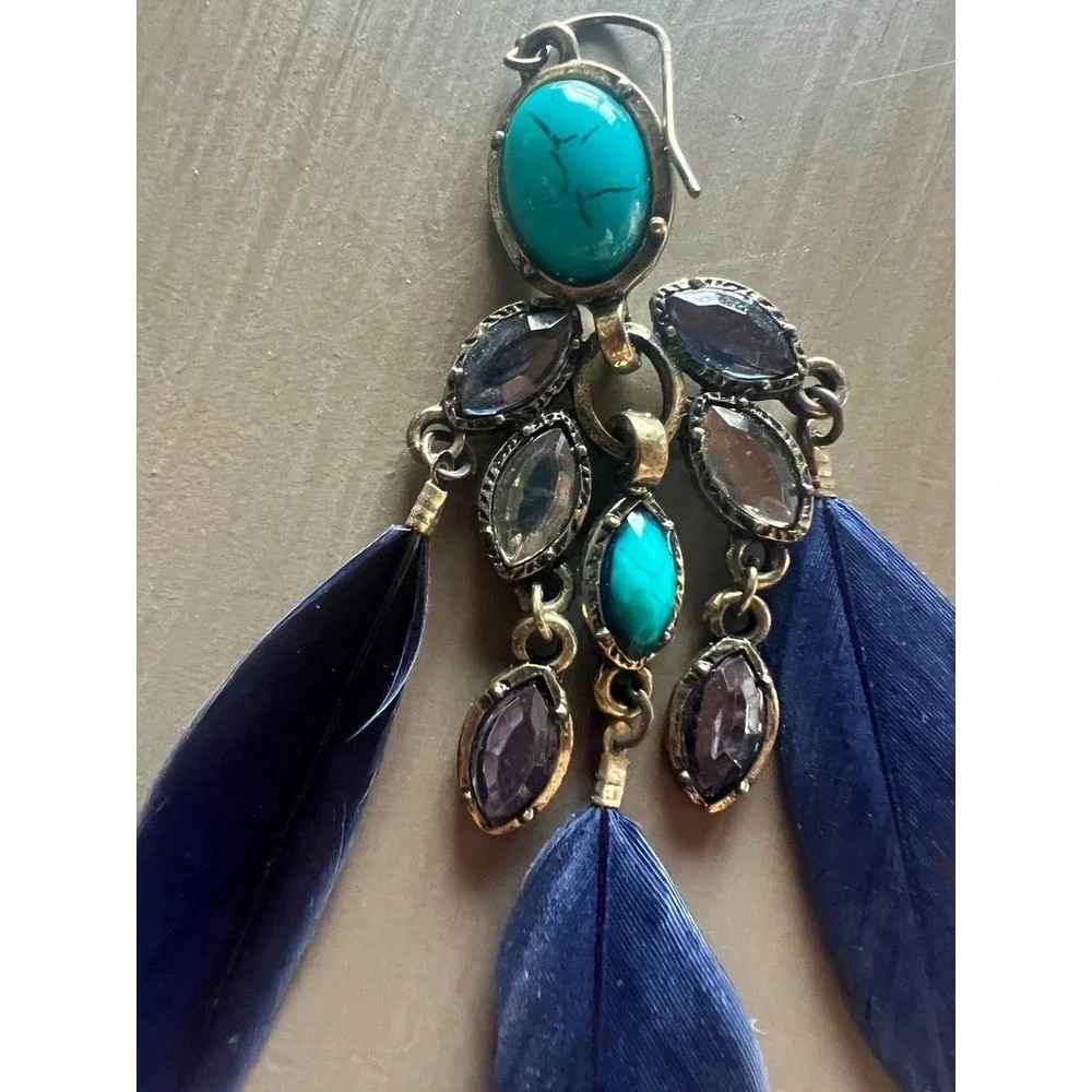 Boho Western Feather Earrings Turquoise Look Stone Chandelier Dangle‎ Cowgirl